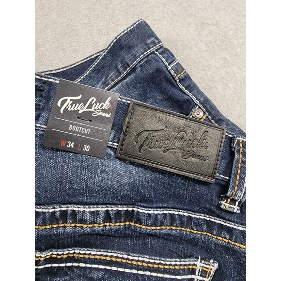 True Luck Jeans Mens 34x30 Boot Dark Blue Thick Stitch Mid Stretch Western NEW - Picture 15 of 16